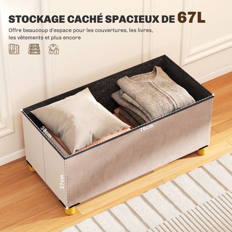 Banc rangement bout de lit pliable 67L 120 kg couvercle 76x38x38 cm rose