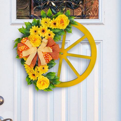 Guirlande Fleurs Jaunes - Roue en Bois Simulée - Nœud Papillon Décoratif - 41 cm - Pour Porte Intérieure Extérieure (1/5)