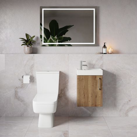 Napoli Cube Tobacco Oak 400mm Single Door Wall Mounted Vanity Unit and Toilet Suite with Align Basin - 400mm - Chrome 160mm Handle