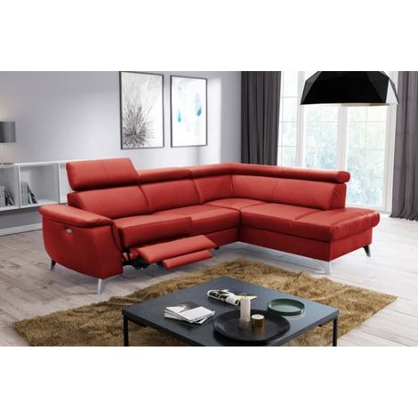 Canapé d'angle en cuir italien de luxe 5/6 places avec relax électrique et coffre, LINCOLN, rouge foncé, angle droit (1/5)