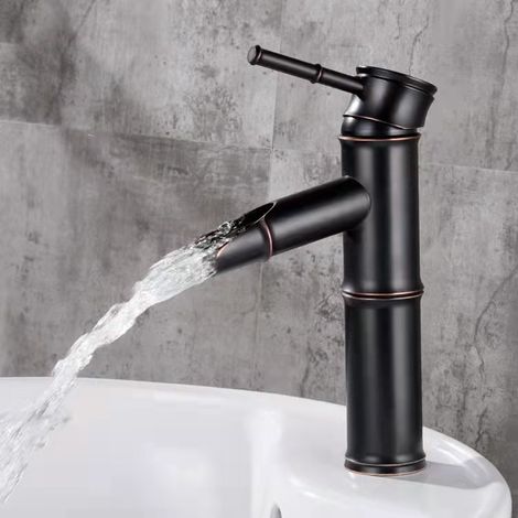 Robinet haut en bambou, robinet de lavabo cascade à poignée unique Robinet de lavabo à poignée unique, robinet monotrou disponible pour eau chaude et froide, robinet de salle de bain en bronze, 3 conn (1/5)