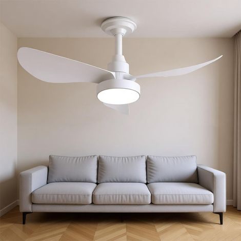 Ventilateur de plafond moderne pour salon avec éclairage LED à intensité variable, télécommande, rotation avant et arrière, 6 vitesses, blanc (1/5)