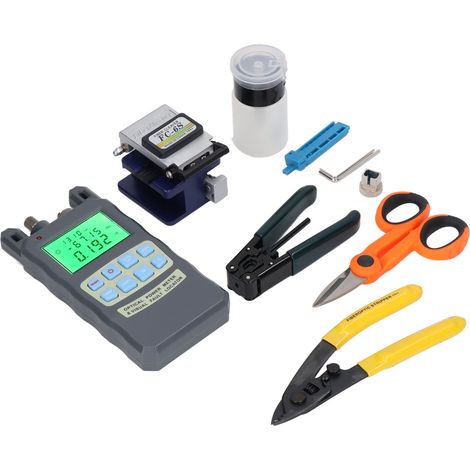 Kit d'outils pour fibre optique FTTH avec terminaison, wattmètre optique, cliveuse, dénudeuse et pince Miller. (1/5)