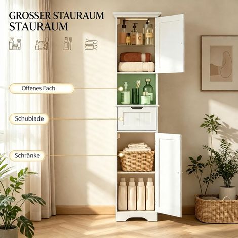 Meuble colonne de salle de bain avec éclairage LED, armoire de rangement étroite avec tiroir et 2 portes, armoire haute autoportante (1/5)