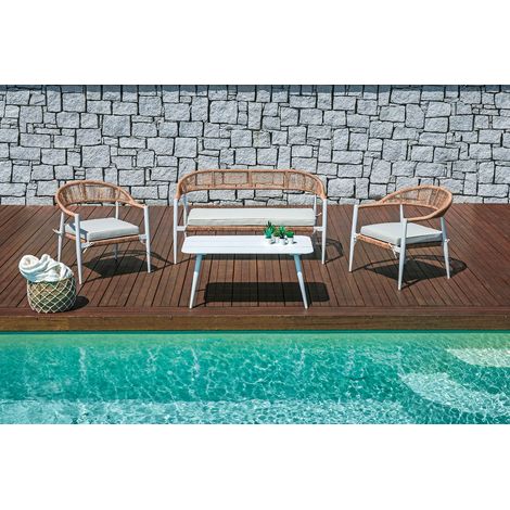 Set Salotto da Giardino Divano 2 Poltrone e Tavolino Milano In Alluminio Bianco con Cuscini Ecrù (1/5)