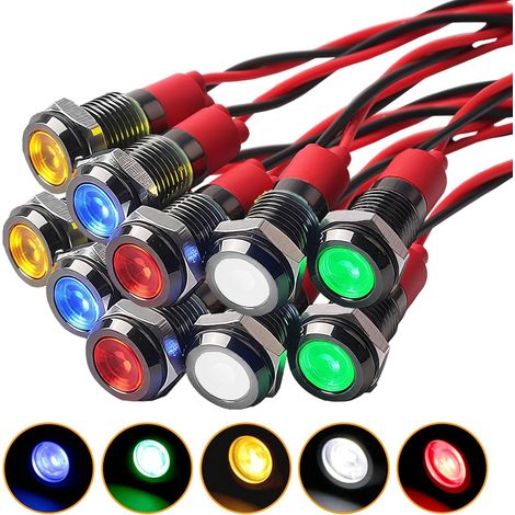 Voyant LED Métal 6mm - Lot de 10 - Acier Inoxydable - Universel 12-24V AC/DC - Pour Véhicules et Machines - Multicolore