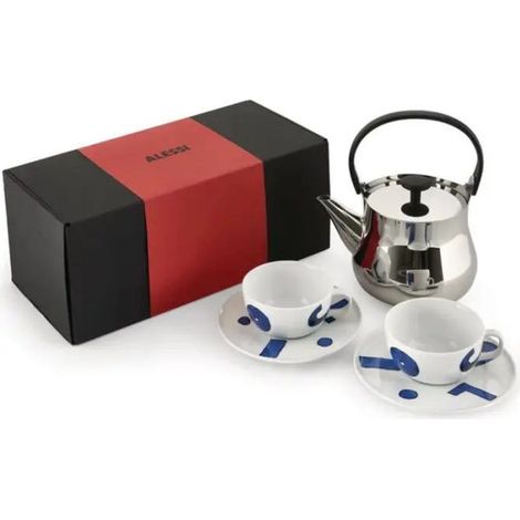 Alessi set regalo te', bollitore Cha 90 cl con filtro, 2 tazze Itsumo, acciaio inox e porcellana, design Naoto Fukasawa