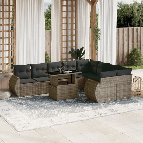 10-tlg. Garten-Sofagarnitur mit Kissen Grau Poly Rattan vidaXL (1/5)