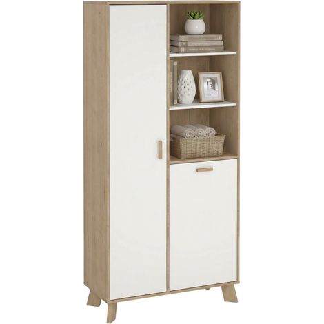 Dmora - Vetrina Esme, Credenza espositiva, Vetrinetta multiuso, Madia da soggiorno, 89x40 h188 cm, Rovere e Bianco