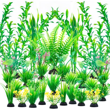 25 décorations de plantes vertes plastiques artificielles pour aquarium, ornements de feuillage aquatique factice de hauteurs mixtes, plantes sans danger pour poissons betta et crevettes, accessoires (1/5)