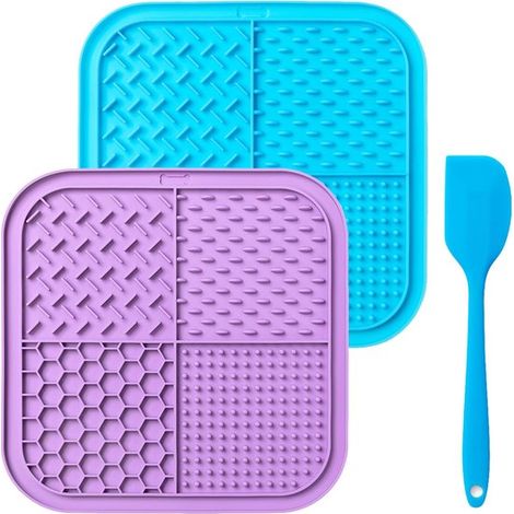 Tapis à lécher pour chien et chat - Tapis d'alimentation 3 pièces pour chien - Avec ventouses - Spatules en silicone incluses - Tapis anti-gloutonnerie - Sans BPA - Bleu/Violet (1/5)
