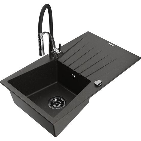 Mexen Cesar lavello in granito a 1 vasca con scolapiatti e rubinetto cucina Aster, nero/oro metallico - 6514-75-73450-07-B (1/5)