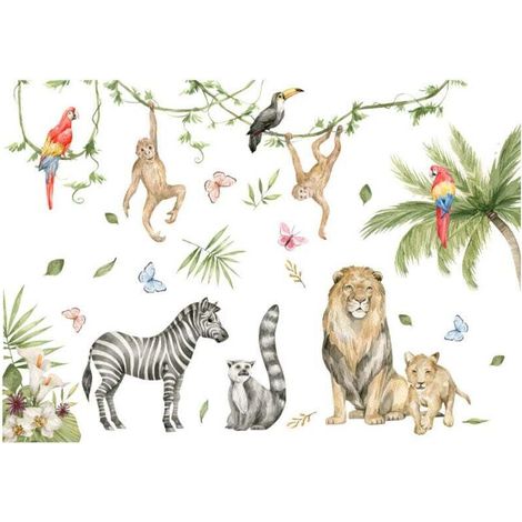 Stickers Muraux Animaux de la Jungle Autocollants Muraux Mural Stickers Safari Singe pour Chambre Enfants Bébé Pépinière Salon 2PCS (1/4)