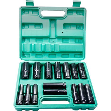 Jeu de 15 douilles d'impact hexagonales 1/2 pouce profondes métriques 8-24mm en acier chrome-vanadium avec boîte de rangement