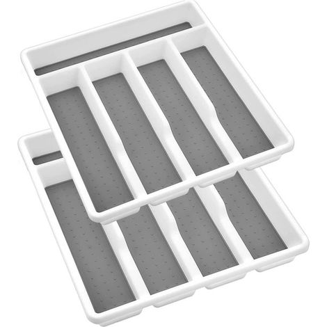 2er-Pack Besteckschubladen-Organizer, 32 x 28 x 4,5 cm, Küchenbesteckschubladen-Einlage, Kunststoff-Besteckeinlage, mit 5 Fächern (Weiß)