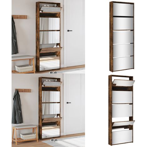 Schuhschrank mit Spiegel 5 Fächer Räuchereiche 63x17x169,5 cm - Schuhschrank - Schrank - Regal - Schuhregal - Aufbewahrung - Home & Living