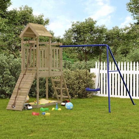 Aire de jeux extérieure en bois avec toboggan, balançoire bleue et bac à sable - PANGIVO (1/5)