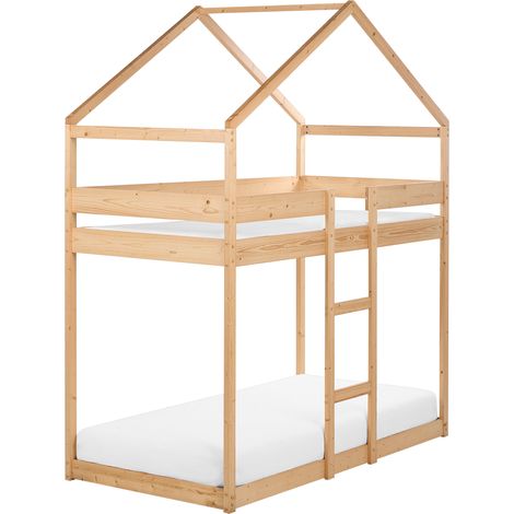 Litera infantil con dosel en forma de casa dormitorio somier de madera de pino clara 90 x 200 cm Labatut