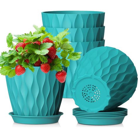 12.7cm Pot de Fleur Interieur, Lot de 5 Plastique Pot Plante avec Drainage et Soucoupes, Design Ondulé 3D Moderne, Pot Semis pour Succulentes, Cactus, Bleu Vert (1/5)