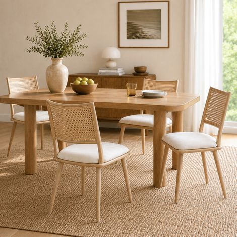 Ensemble de 4 chaises de salle à manger, assise en simili cuir PU, dossier en cannage, beige, assise confortable, pour salon ou chambre (1/5)