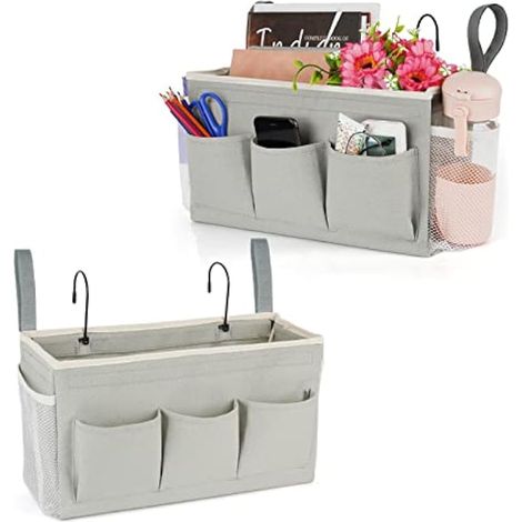Lilithye Organiseur de chevet avec sangles fixes et porte-bouteille d'eau pour la maison, le dortoir, les lits superposés, l'hôpital et le berceau (2 pièces, gris) (1/5)