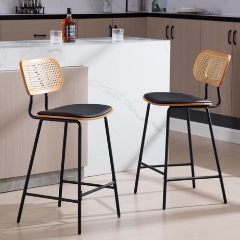 Barhocker 2er Set Rattan Kunstleder Metallbeine Schwarz Küchenhocker Tresenhocker (1/5)