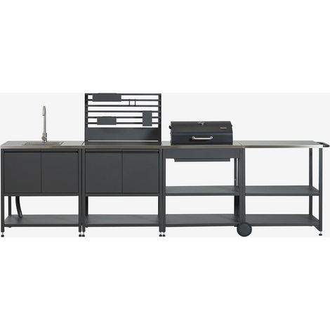 Cuisine modulaire d'extérieur 4 pièces avec évier, panneau organisateur, chariot et barbecue à charbon en acier Savona SKLUM Gris Graphite (1/5)