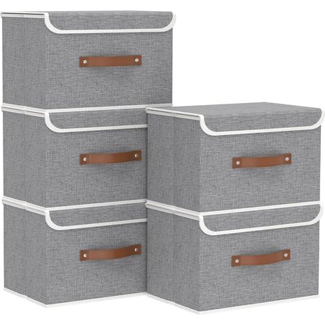 Lot de 5 Boite de rangement, Tissu, Pliable, Couvercle, Poignee, 38x25x25cm, Gris, pour Vetement, Serviette