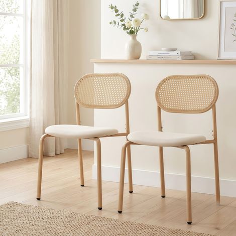 Lot de 2 chaises de salle à manger, avec dossier en rotin tressé, design ergonomique, siège rembourré, pieds réglables, convient pour la salle à manger et le salon, Bois naturel