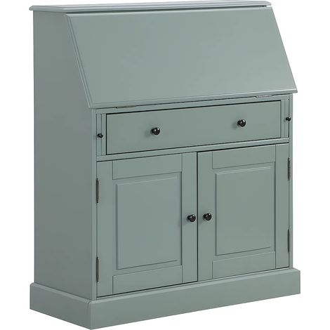 Vente-Unique – Bureau secrétaire en pin et MDF – Coloris vert amande – 3 tiroirs et 2 niches – Tablette pliable pour gain de place (1/5)