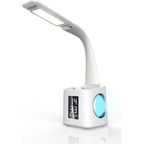 Schreibtischlampe mit LED-Stifthalter – Akku – Kalender – Wecker – Nachtlicht – Helligkeitsregelung – und Blaulicht