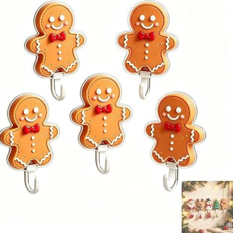 Nouveaux crochets muraux de Noël mignons 2026, crochets adhésifs à motifs de dessins animés pour la décoration des fêtes - Bonhomme en pain d'épice -