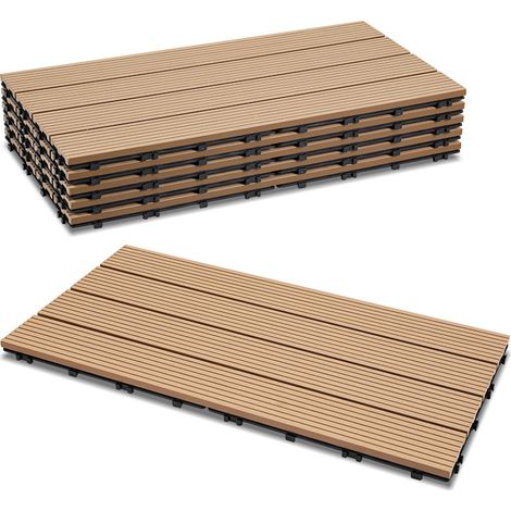 Jiubiaz Set di 12 piastrelle per decking in WPC, 4 listelli, 2 m², 30 x 60 cm, Teak, Piastrelle in legno composito con clip