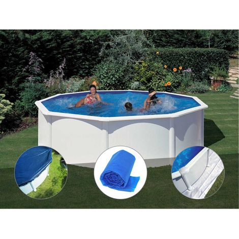 Kit piscine acier blanc Gré Fidji ronde 4,80 x 1,22 m + Bâche hiver + Bâche à bulles + Tapis de sol