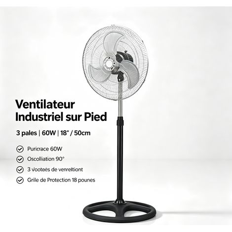Ventilateur sur pied 50 cm 60 W – Oscillation 90° – 3 vitesses – Hauteur réglable – Structure métal robuste pour ateliers et garages (1/4)