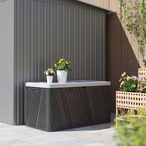 Coffre de rangement 380L HDPE, 115x60x60 cm, noir et gris, avec deux poignées latérales et vérin à gaz (1/5)