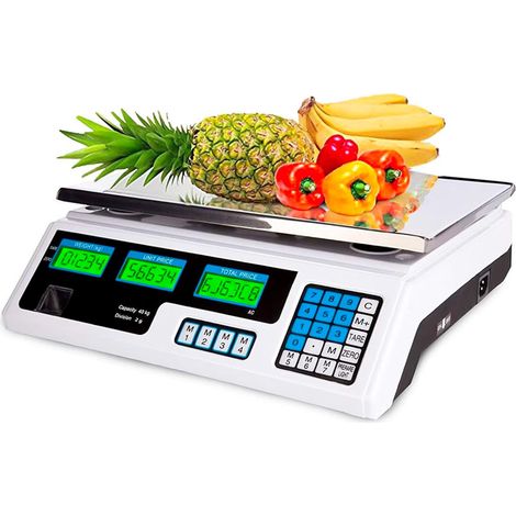 Bilancia Elettronica Digitale Professionale Fino A 40 kg Con Piatto in Acciaio Inox Precisione 2 g Triplo Display Tara/Zero, Memorie Prezzo Elettrica o Batteria 34 x 33 x 11.3 cm Nero