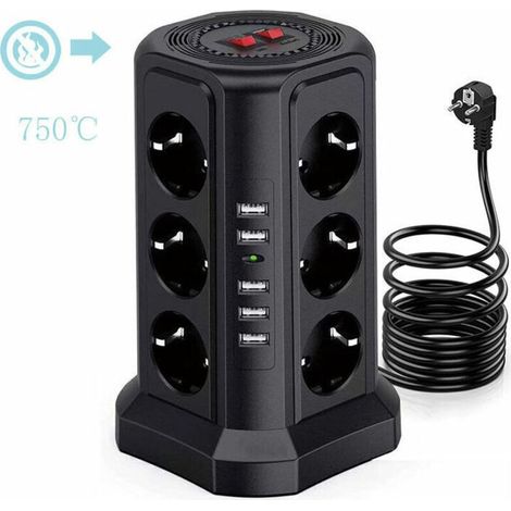Multiprise tour avec protection contre les surtensions, 5 ports USB et 12 prises électriques, 3 interrupteurs, blanche