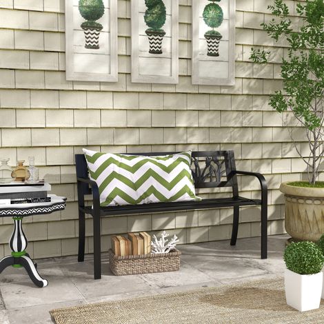 Banc de jardin 2 places en acier avec dossier décoré et accoudoirs, 125x50x75 cm, noir (1/5)