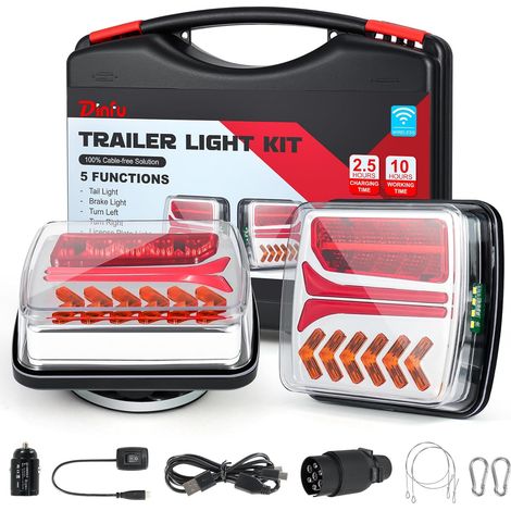 feu remorque sans fil avec base magnétique, 12 V-24 V kit de feux arrière LED avec prise 7 broches + chargeur USB + corde anti-perte pour Auto, Camion, Tracteur, Remorque et Caravane (1/5)