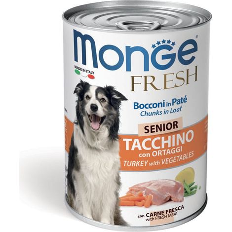 Paté de pavo fresco con verduras para perros mayores Monge 400 g