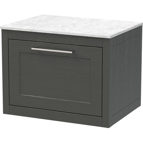 Blithbury Traditional Bathroom Wall Hung 1 Drawer Vanity Unit and White Marble Worktop, 600mm, Woodgrain Dark Grey