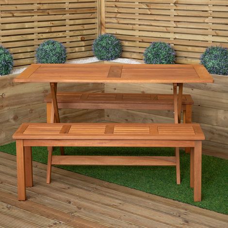 Outdoor 4 Person Rectangular Wooden Garden Dining Table with 2 Benches (1/5)