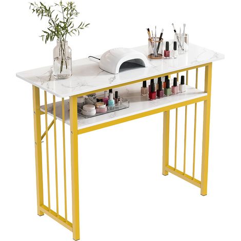 WILITTO Table manucure design – Plateau effet marbre, rangement intégré, pieds dorés – élégante et professionnelle