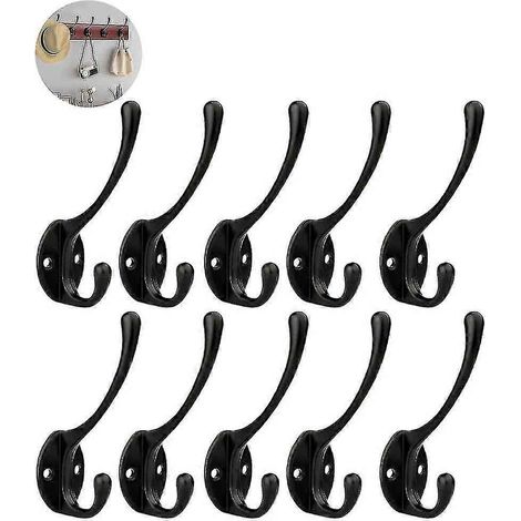 Lot de 10 crochets muraux doubles robustes de style rustique, couleur rétro : noir