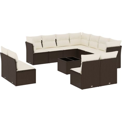 Salon de jardin avec coussins 12 pcs Mobilier de jardin marron résine tressée (1/3)