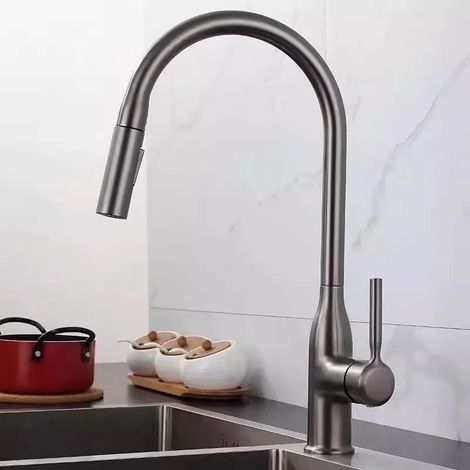 Robinet d'évier de cuisine (gris) à montage sur plage, accessoires de cuisine, robinet de lavabo, mitigeur monocommande extractible, robinets d'eau chaude et froide (1/5)