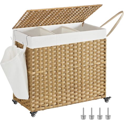 SONGMICS Cesto Portabiancheria con Coperchio, 160L, Cesta Biancheria in Rattan Sintetico con Ruote, 3 Scomparti, Sacco Rimovibile, Lavanderia Camera da Letto, 70 x 36 x 66 cm, Naturale LCB365N01 (1/5)