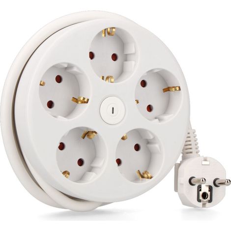 Estensione rotonda con 5 prese 2p+t Schuko, con interruttore, 16 A 250 V, 1,5 m di cavo H05VV-F 3G1,5 mm², bianco