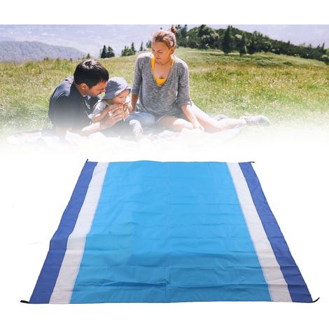 Tapis de pique-nique pliable imperméable et résistant à l'humidité 200 cm x 210 cm (rayures bleu roi et blanches + bleu moyen) (1/5)